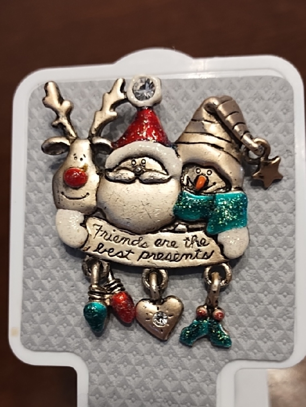 Holiday Friends Pendant Pin - Santa, Reindeer & Snowman in Red, Green, Silver